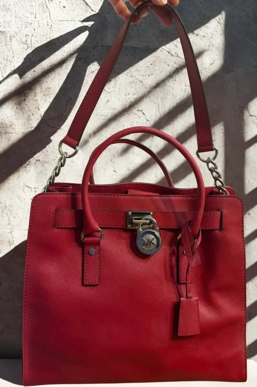 Michael Kors Hamilton Bag In Red Leather With Silver Accents And Key Lock